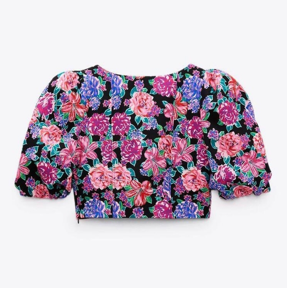 🆕Zara Floral Print Plunging Neckline Puffy Shoulder Crop Top Size Small - Picture 5 of 10